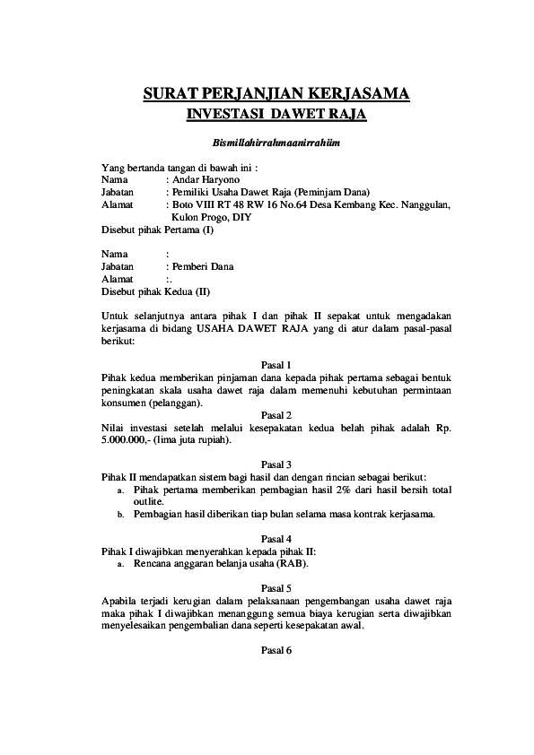 Contoh Surat Perjanjian Investasi - Homecare24