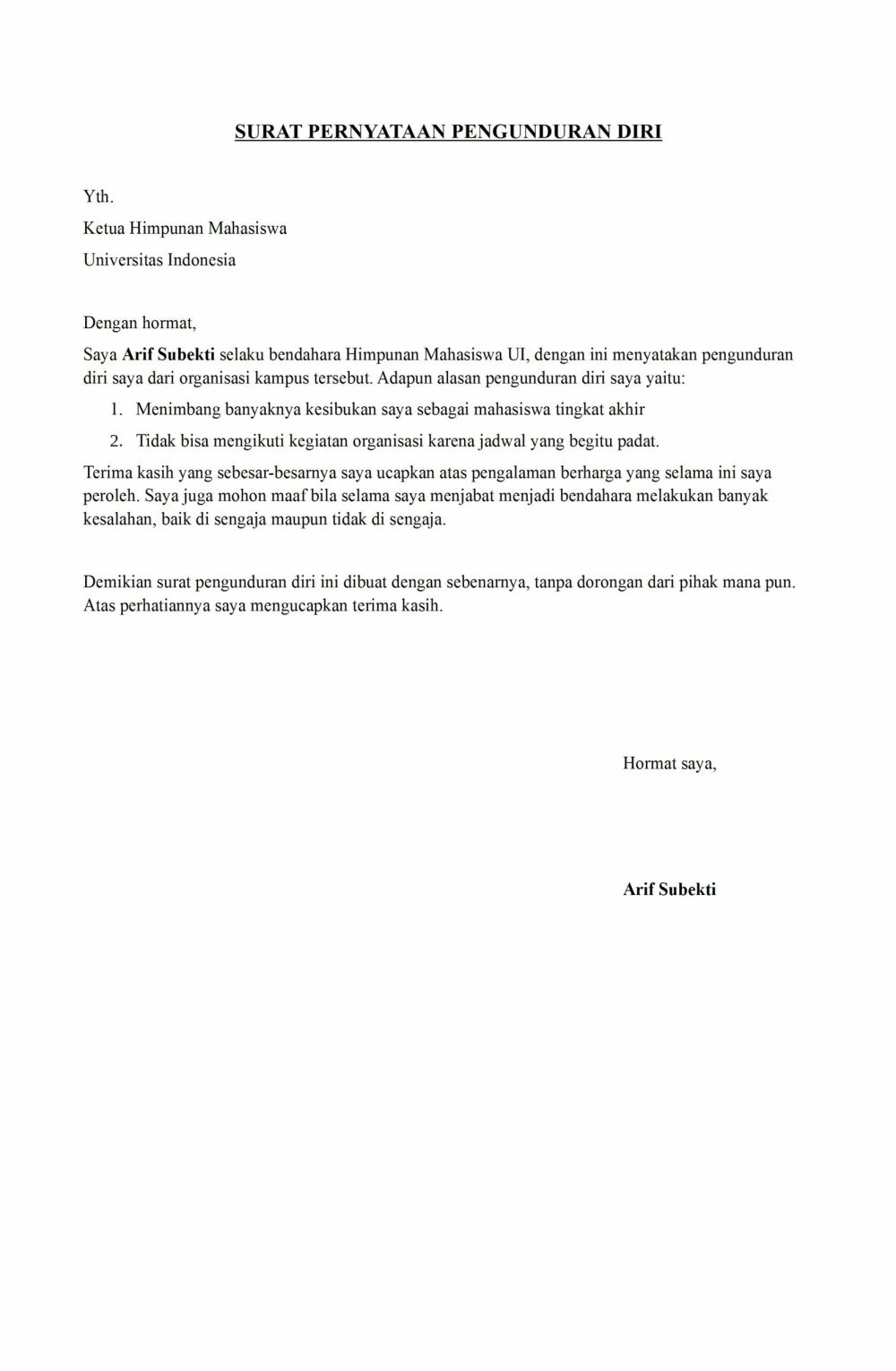 14. Contoh Surat Resign Organisasi Kampus