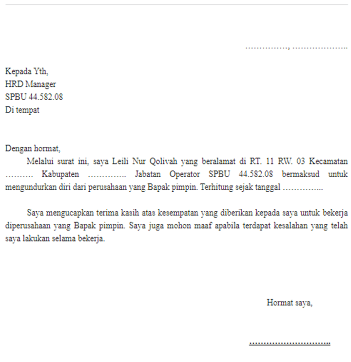 Contoh Surat Resign Karyawan SPBU
