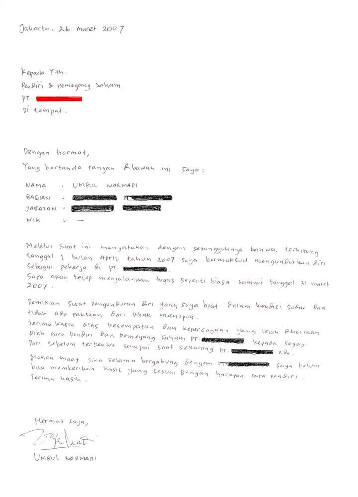 Contoh Surat Resign Tulis Tangan