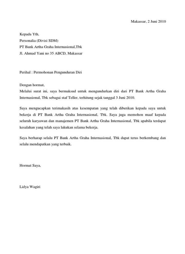 Contoh Surat Resign dari Bank