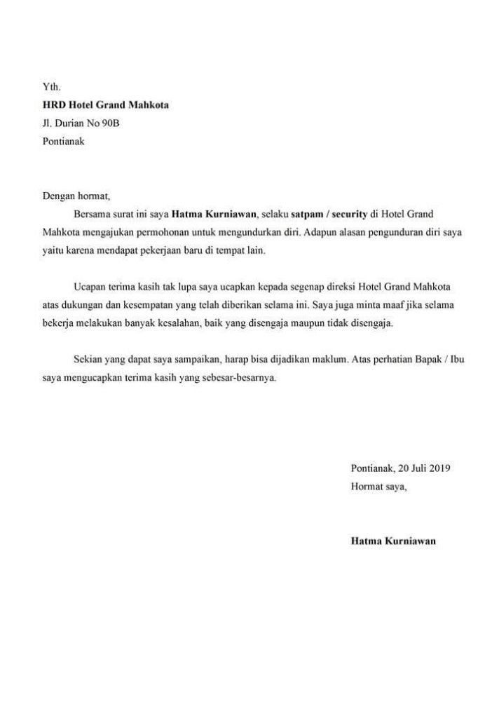 Contoh Surat Resign dari Hotel