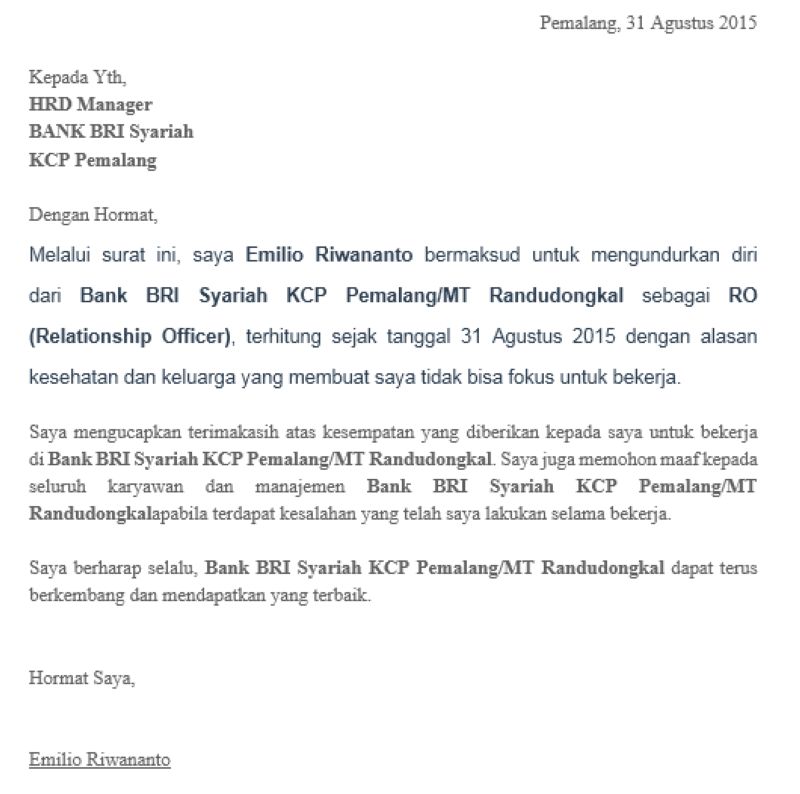 6. Contoh Surat Resign Karyawan Bank