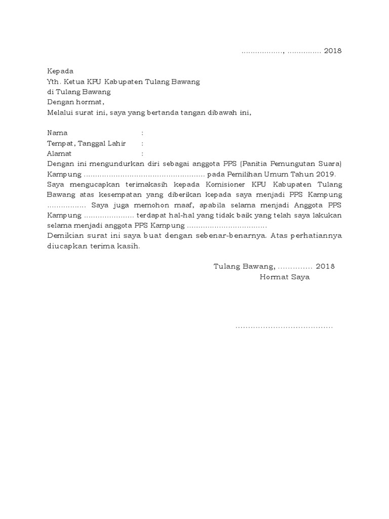 2. Contoh Surat Pernyataan Pengunduran Diri Anggota PPS Panitia Pemungutan Suara