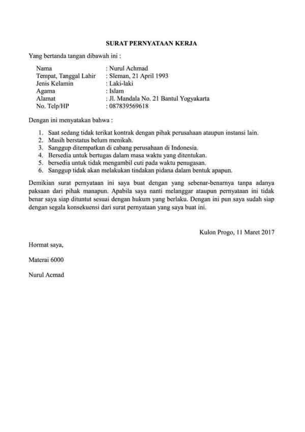 5. Contoh Surat Pernyataan Kerja
