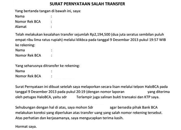 5. Contoh Surat Pernyataan Salah Transfer Uang Perusahaan
