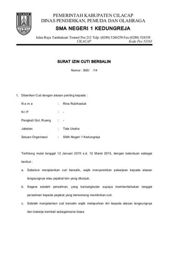 Contoh Izin Cuti dari Kepala Sekolah